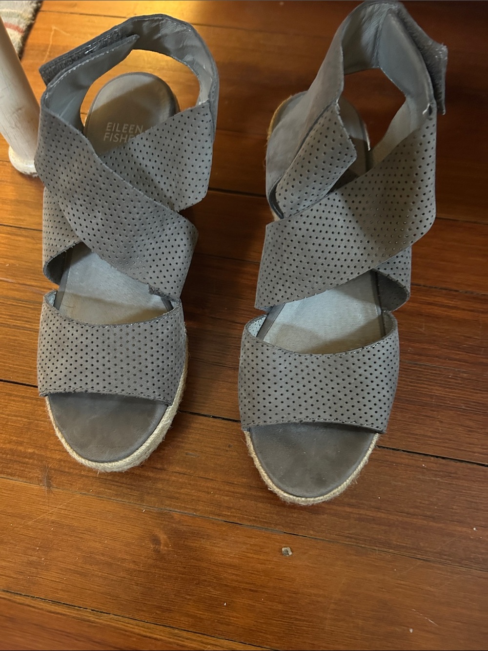 Eileen Fisher Perforated Crisscross Gray Wedge Sandals
